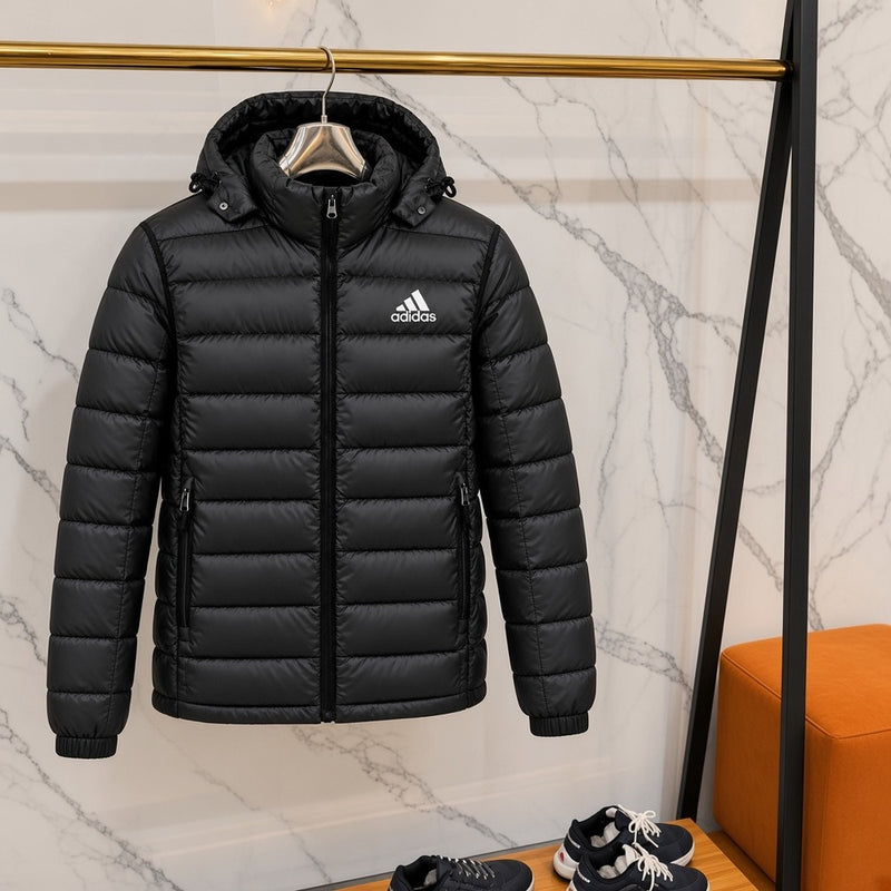 Ανδρικό Puffer Μπουφάν Adidas με Κουκούλα Μαύρο