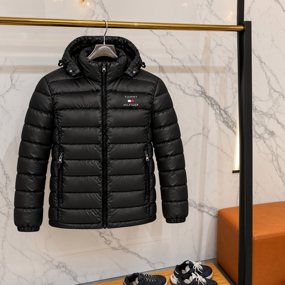 Ανδρικό Puffer Μπουφάν Tommy Hilfiger με Κουκούλα Μαύρο
