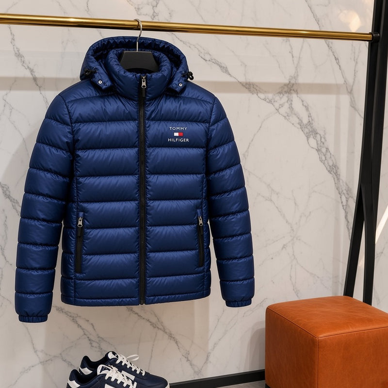 Ανδρικό Puffer Μπουφάν Tommy Hilfiger με Κουκούλα Μπλε